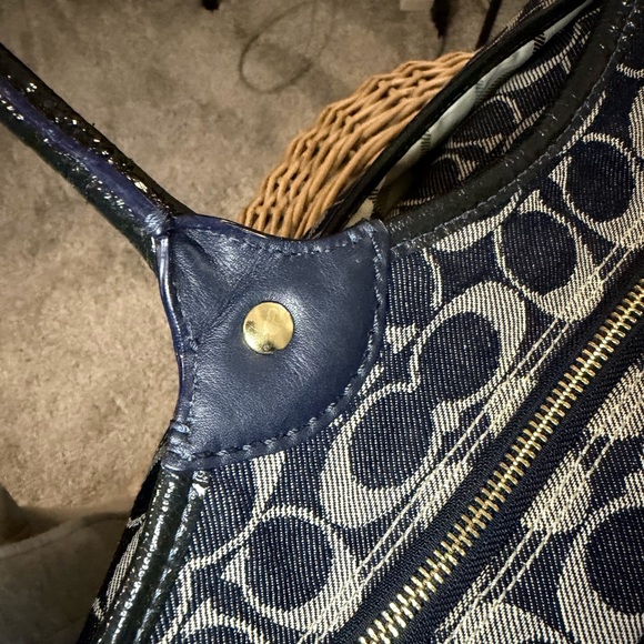 Coach Bleecker Signature Canvas Jacquard Tote Bag Navy Leather Trim Vintage Y2K - Picture 12 of 15
